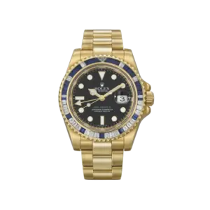 Rolex GMT-Master II 116748SA Yellow Gold Sapphire and Diamond Bezel Black Dial