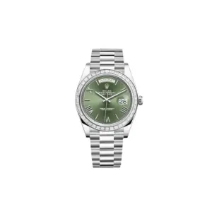 Rolex Day-Date 40 228396TBR Platinum Olive Green Dial Diamond Bezel